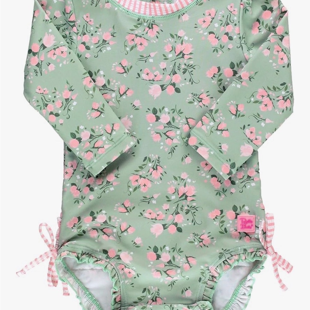 RuffleButts Baby Girls UPF 50+ long sleeve rash guard swimsuit with zipper